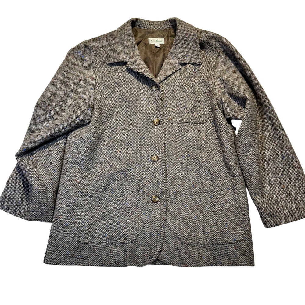 L.L. Bean Blazer Women 10 Brown Tweed Wool Herringbone Dark Academia Classic